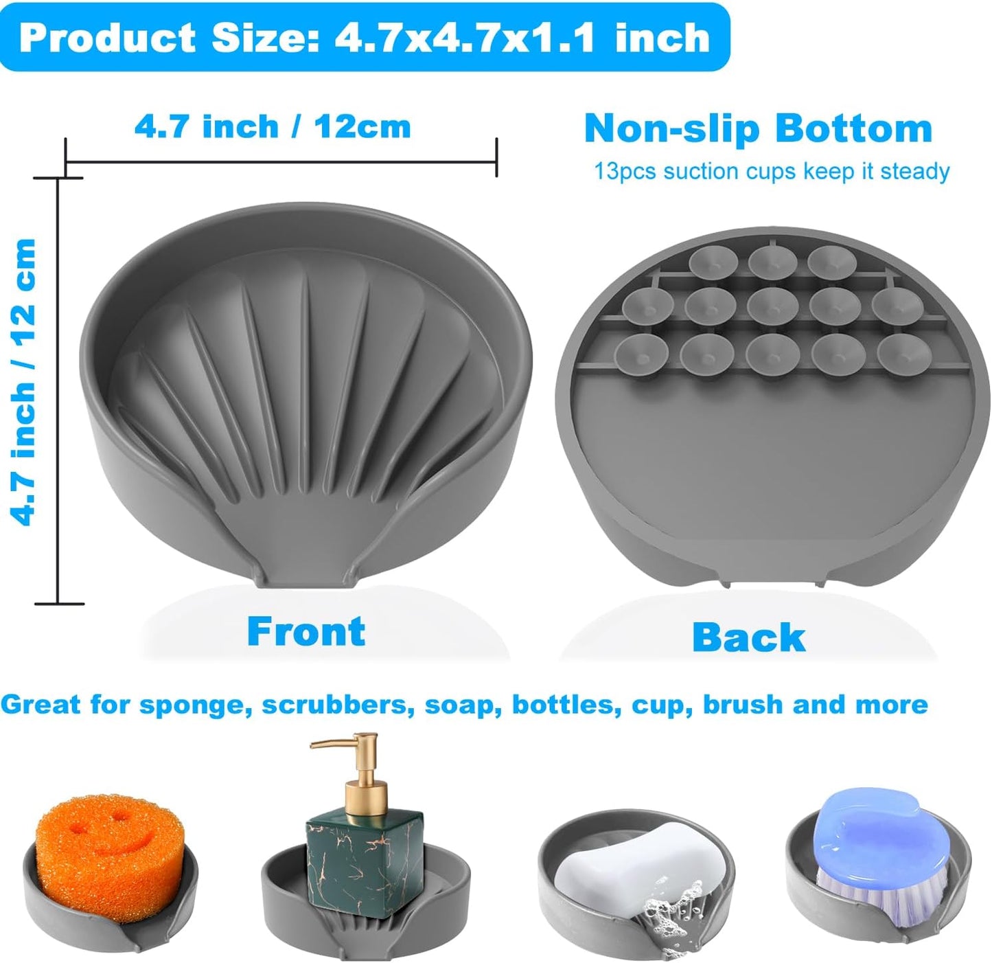 Self Draining Soap Dish, Silicone Suction Cup Soap Holder Tray Savers Container Sponge Holder for Bar Bathroom Shower Kitchen Sink, Can Extend Soap Life (1, Gray)