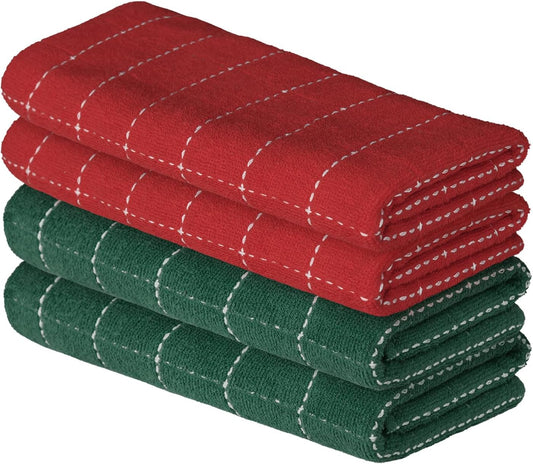 Artoid Mode Checkered Designed Cotton Red Green Terry Kitchen Dish Towels, 15x25 Inch Soft Absorbent Quick Drying Cleaning Tea Towels Set of 4