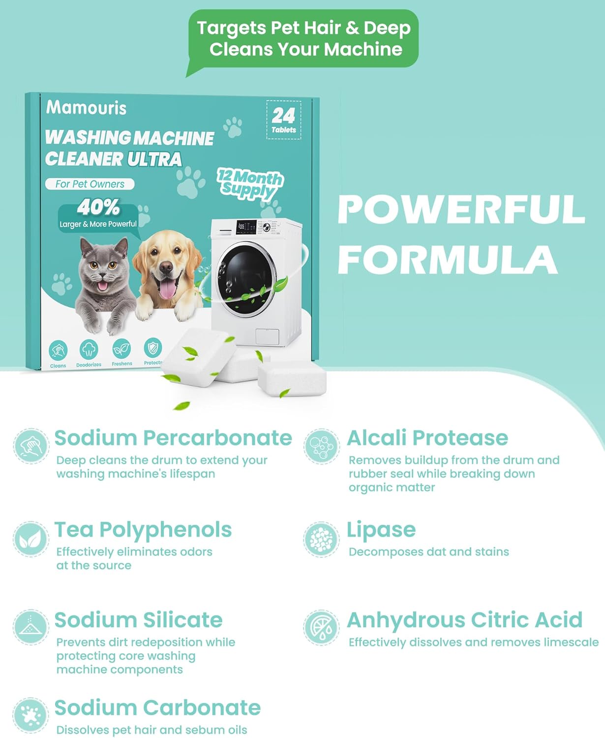 Washing Machine Cleaner Tablets: 40% Stronger Cleaning Power, Deep Cleaning Tablets For HE, Front Loader & Top Load Washer, Removes Pet Hair, Odors, Formulated for Pet Owners, 24 Pack, 15G