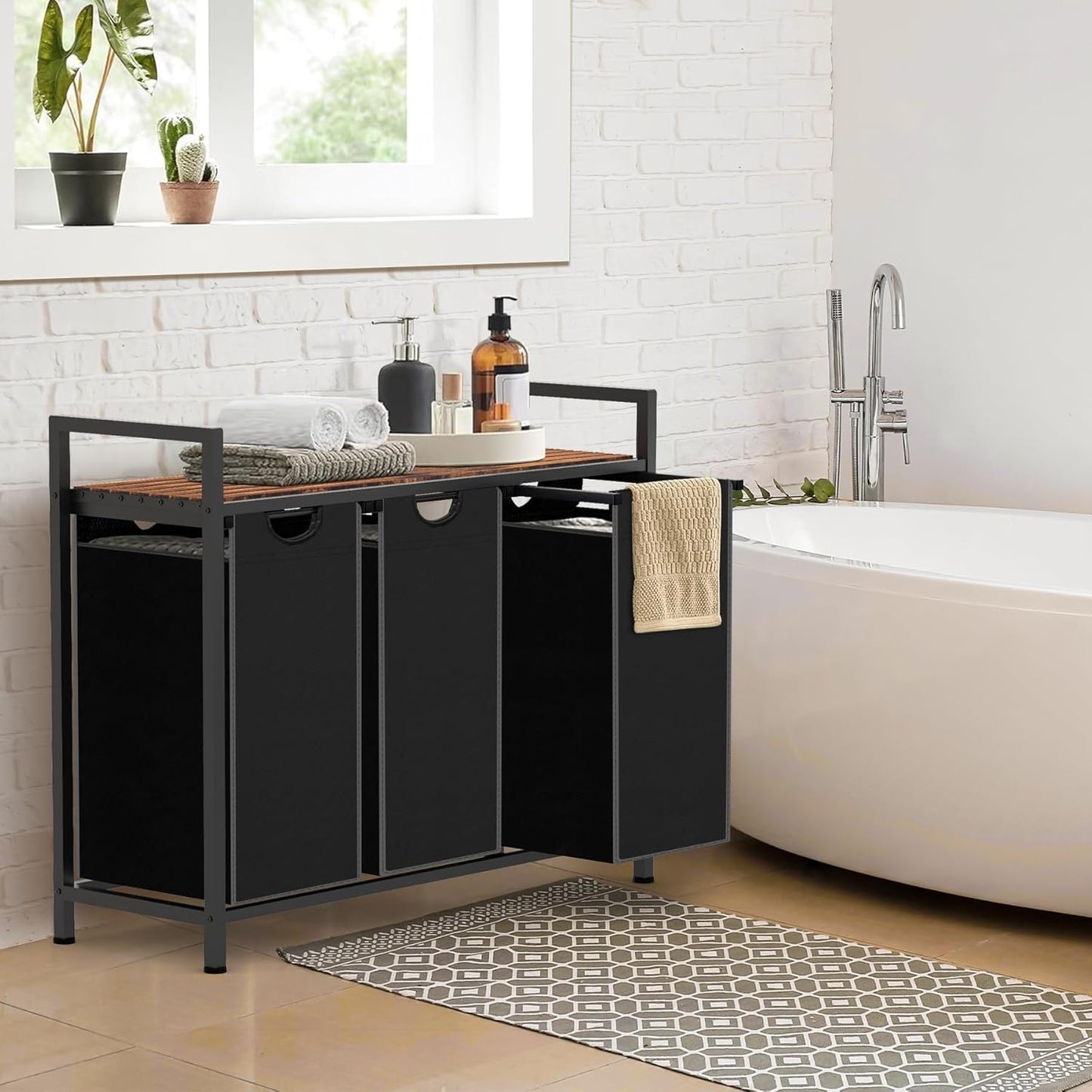 Laundry Hamper, Laundry Sorter with 3 Pull-Out Removable Oxford Fabric Bags Cloth Laundry Basket 3 x 10 Gallons (Black and Rustic Brown)