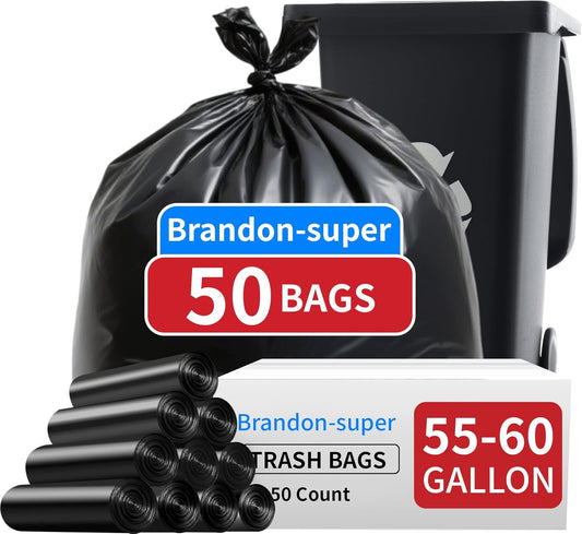 Brandon-super 55-60 Gallon Trash Bags, 50 count, Sturdy & Tear-Resistant Commercial Can Liners 55 Gallon, Large Garbage Bags, Large Black Trash Bags for Commercial, Lawn and Leaf Bags