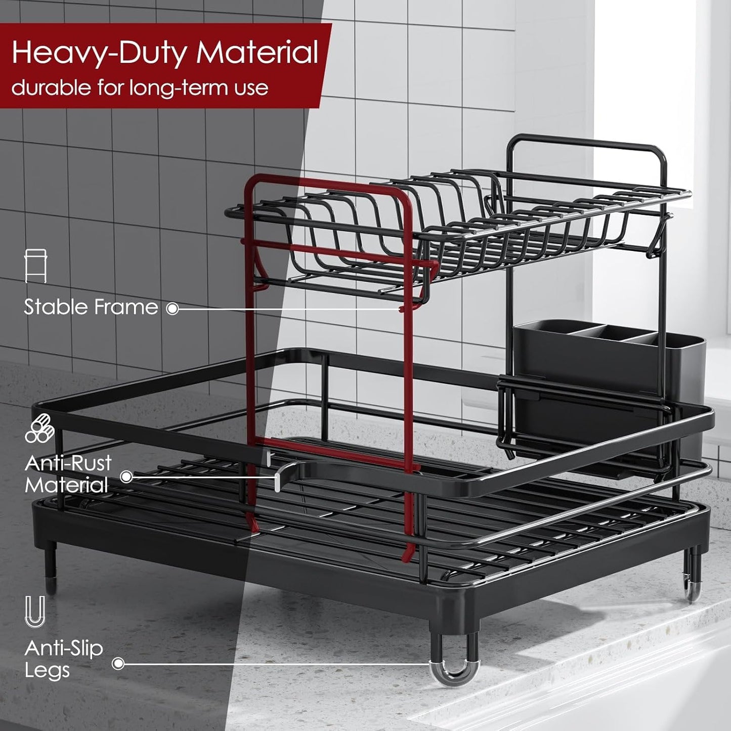 Dish Drying Rack - X-Large Stainless Steel Dish Rack for Kitchen Counter, 2-Tier Kitchen Organizers and Storage for Dishes, Bowls, Cutlery, Black