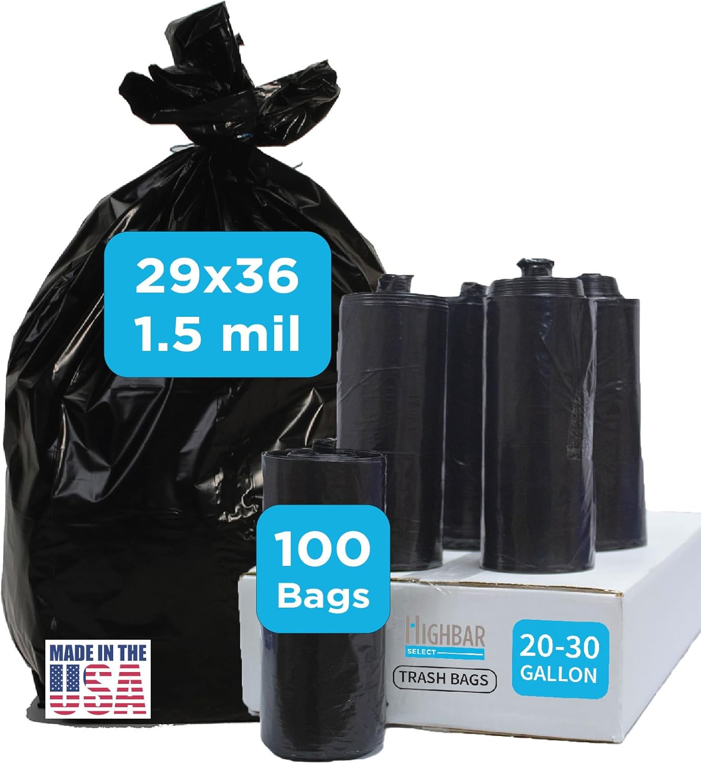 Black Trash Bag, Heavy Duty 20-30 Gallon Bag for Kitchen and Bathroom, Unscented, 1.5 Mil, Commercial Coreless Rolls, Can Liner 29 x 36, Office/Industrial Use, Easy-to-Use, 100 Ct