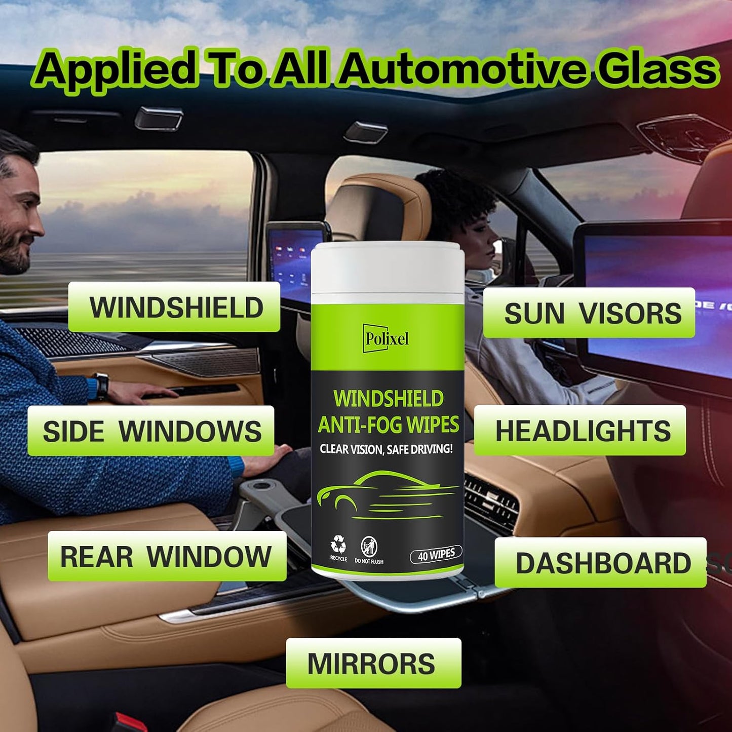 Glass Anti-Fog Wipes - Quick Windshiled Fogging Remover Resealable Bottle Pack Defogger for Windows, Helmets, Mirrors, Goggles -40 Wipes