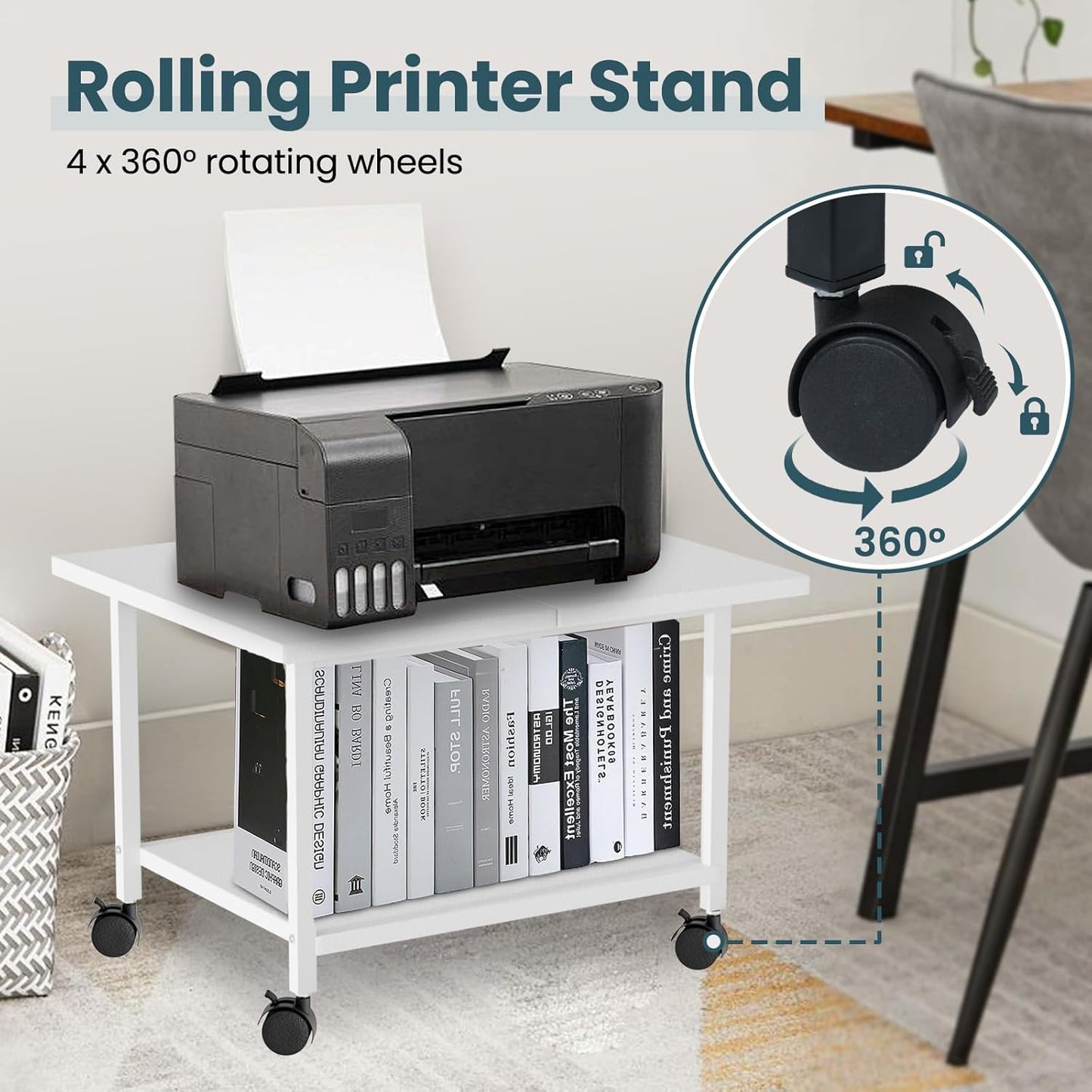 Printer Stand with Storage Under Desk Shelf, Desktop Printer Stand Organizer, Rolling Printer Cart Storage Paper Files Holder for Desk, Office, Home, (White)