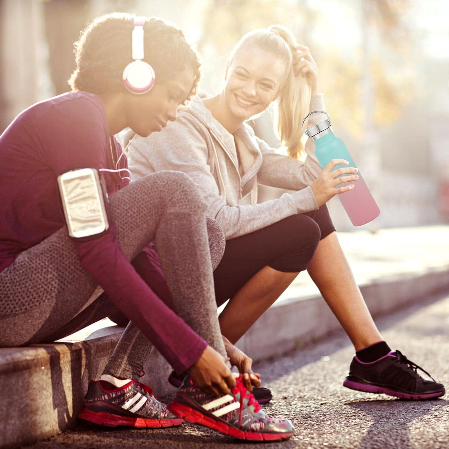 Neihepal 20 oz Insulated Water Bottles Bulk 4 Pack,Stainless Steel Double Wall Sport Bottle with Lid of Handle,Metal Reusable Thermoses Flask for School,Cyclists,Hikers,Gift (Green-Pink,Set of 4)