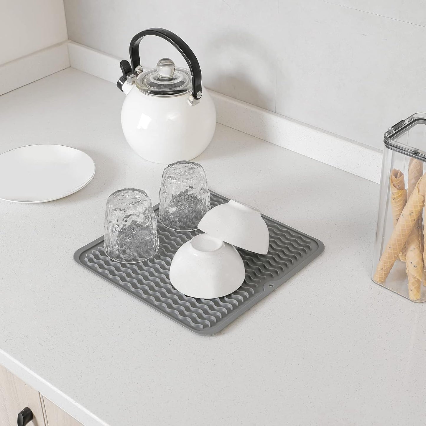 Silicone Dish Drying Mat for Multiple Usage,Easy clean,Eco-friendly,Heat-resistant Silicone Mat for Kitchen Counter or Sink,Refrigerator or Drawer liner Grey M 12 inches x 12 inches