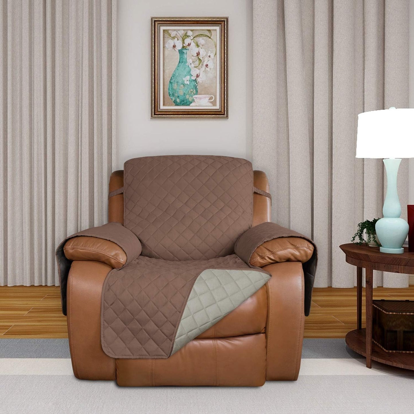 PureFit Reversible Quilted Sofa Cover, Water Resistant Slipcover Furniture Protector, Washable Couch Cover with Non Slip and Elastic Straps for Kids, Dogs, Pets (Oversized Recliner, Brown/Beige)