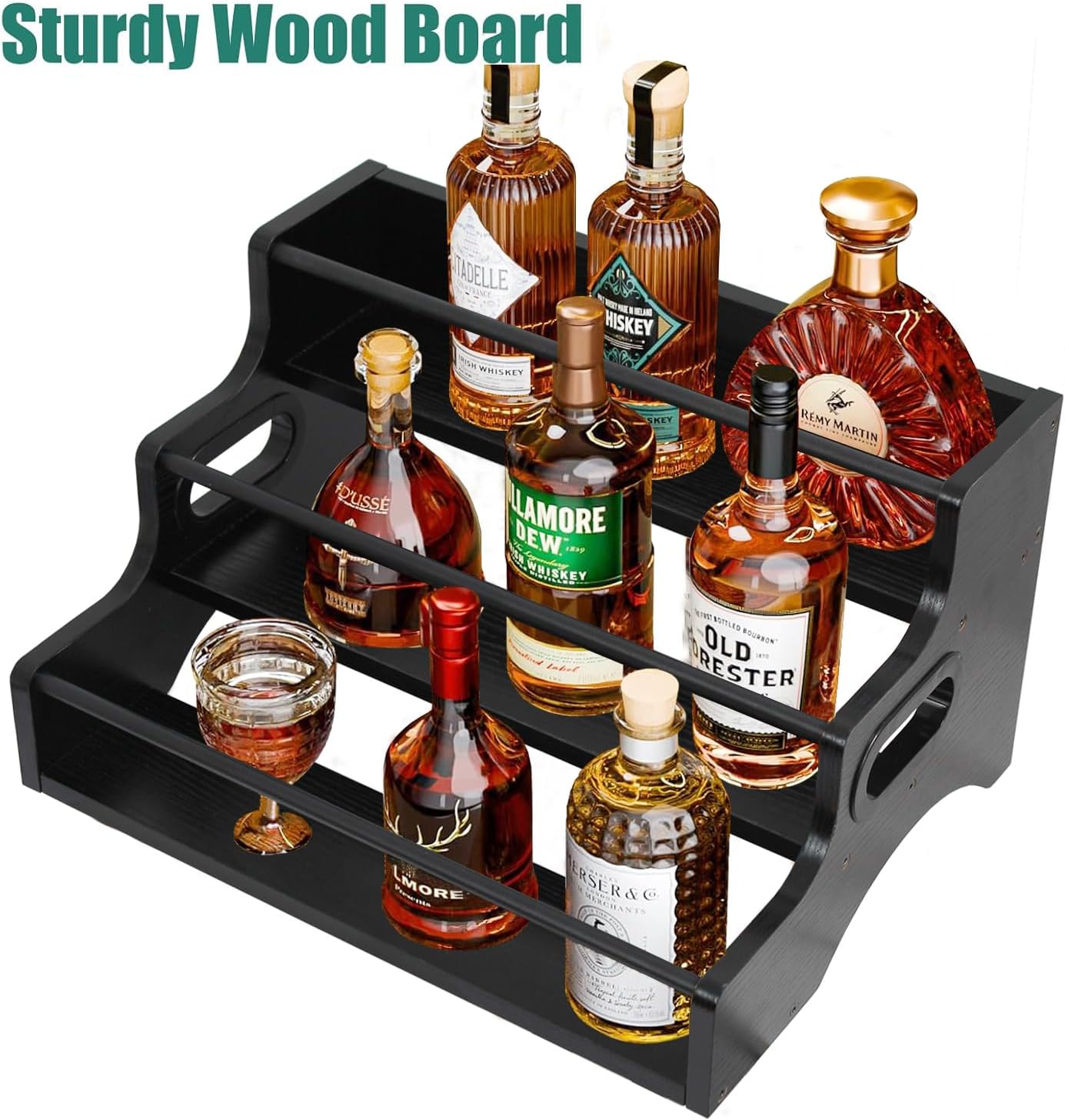 AT-VALY 3-Tier Spice Rack, Iron&MDF Kitchen Storage Shelf, Space-Saving Countertop Organizer for Spices, Herbs, Seasonings, Sturdy Stylish Condiment Holder,Countertop Wine Rack (Black Grain)