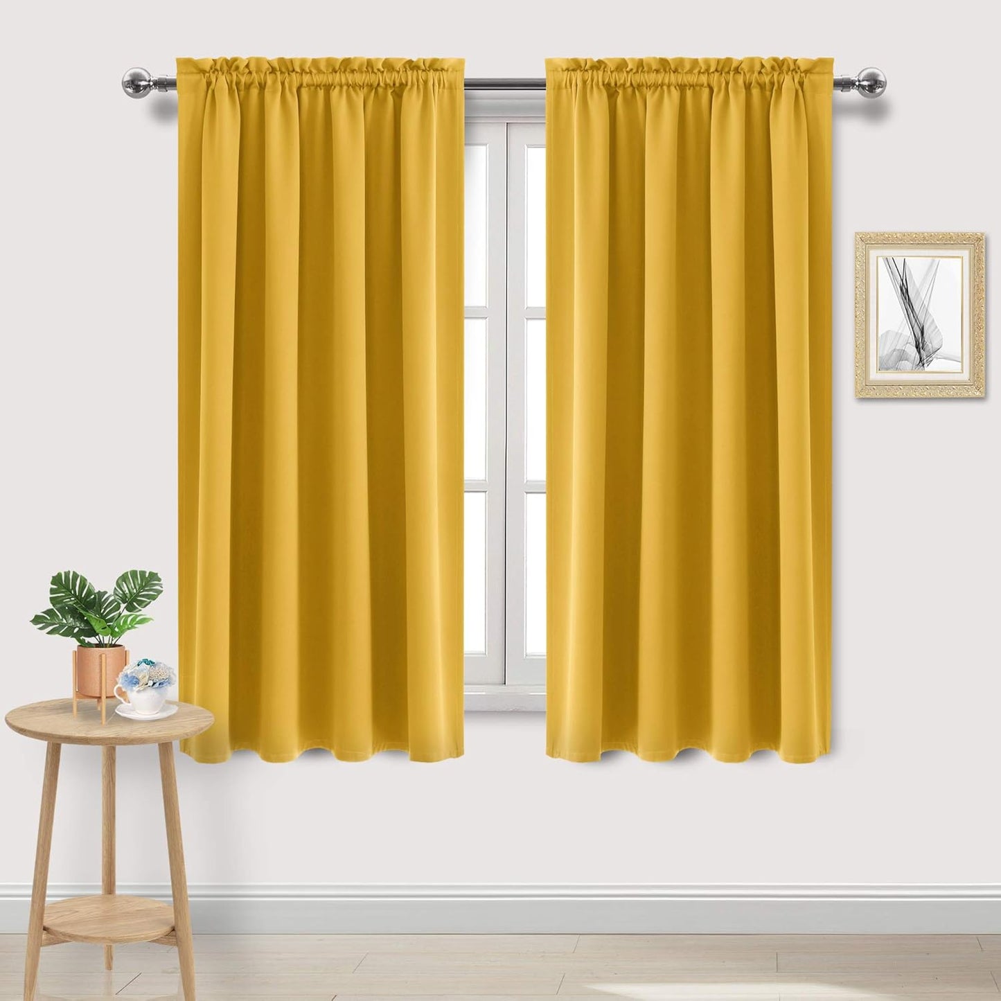 DWCN Blackout Curtains Room Darkening Thermal Insulated Bedroom Curtains Window Curtain Panels, 52 x 63 inches Long, Set of 2 Yellow Rod Pocket Drapes