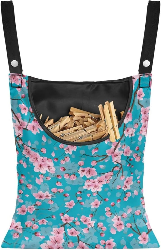 Cherry Blossom Clothespin Pouch Clothespin Bag with Hanging Hook Waterproof Clothes Pin Hanging Bag Space-Saving Clothespin Storage Organize Clothespin Bag for Clothesline Outdoor, 1 Pack
