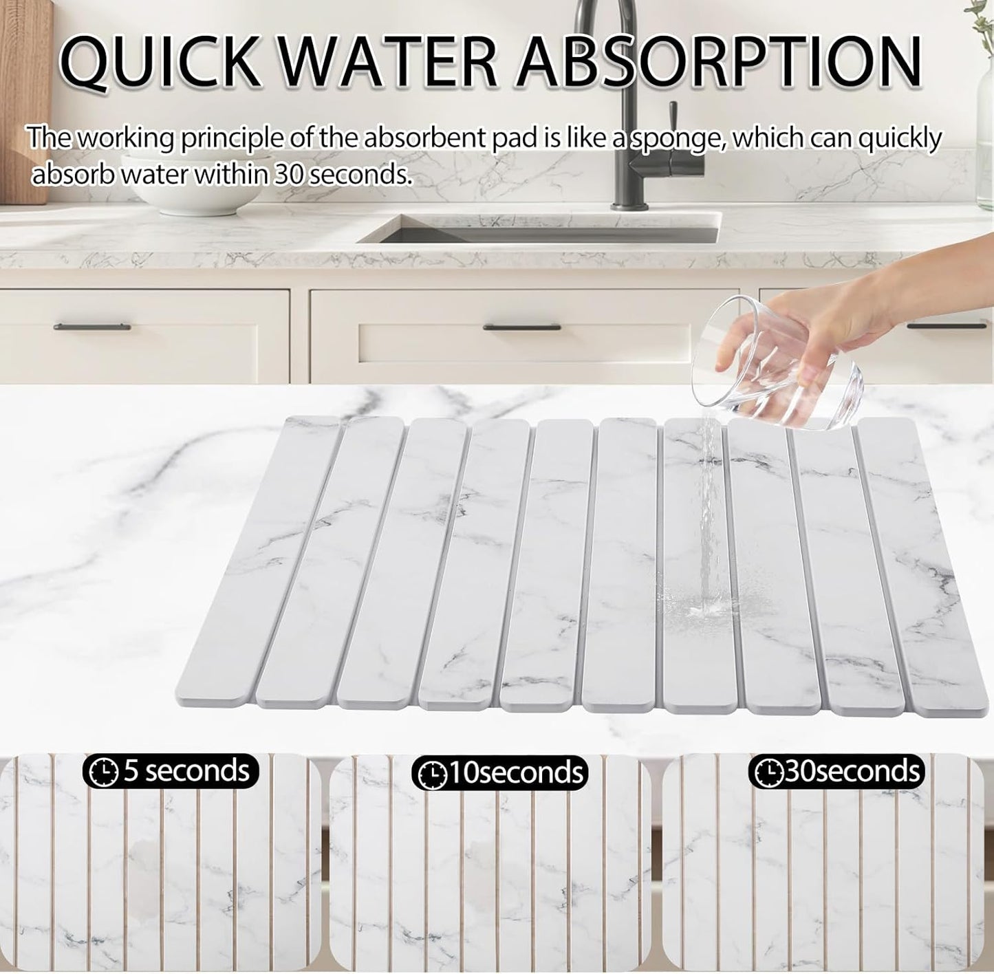 Stone Drying Mat for Kitchen Counter 24"×16" ,Large Dish Drying Mat with Drainage Grooves, Non-Slip Silicone Drying Mat, Absorbent Counter Protector for Dishes, Utensils