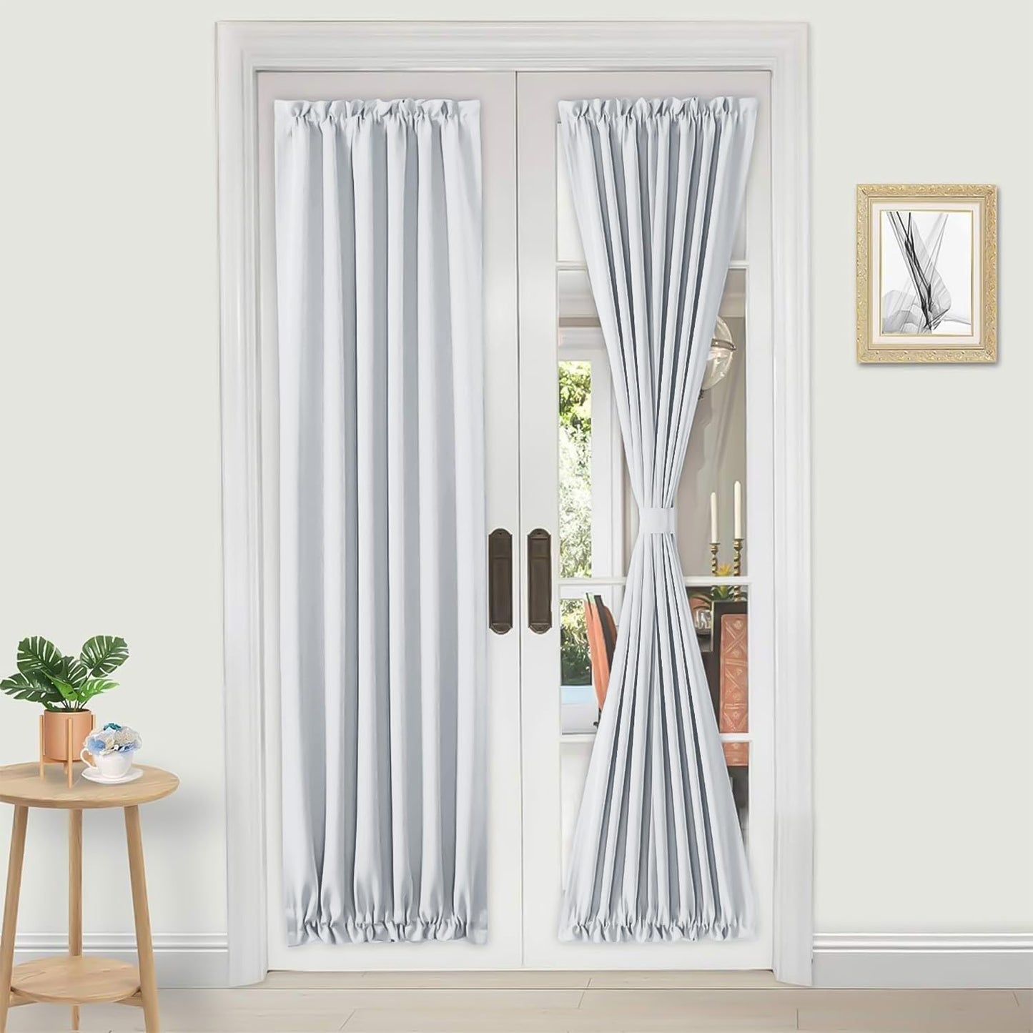 DWCN French Door Curtains – Rod Pocket Thermal Curtain for Doors with Glass Window, Kitchen and Patio Doors for Privacy, 25 X 72 Inches Long, 1 Curtain Panel with Tieback, Greyish White