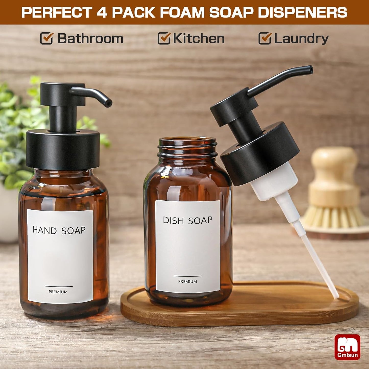 GMISUN Foaming Soap Dispenser, 4 Pcs 8.5 Fl oz Amber Glass Foam Hand Soap Dispenser for Bathroom & Kitchen, Refillable Hand Soap Foam Dispensers, Modern Amber Glass Pump Bottle with Waterproof Labels