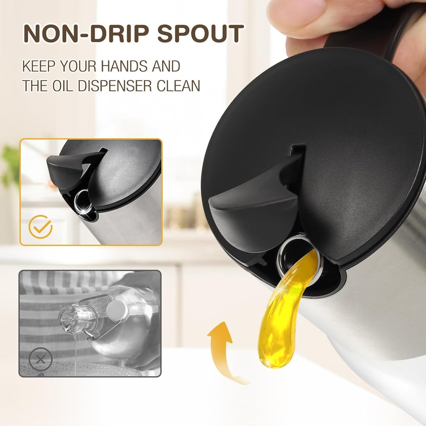 Vucchini Large Olive Oil Dispenser Bottle Kitchen Cooking Oil Dispenser Auto Flip Soy Sauce Container -Stainless Steel Leakproof Vinegar Glass Cruet (10 oz and 17 oz Set)