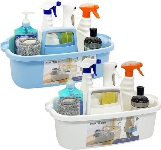 2 Pack Multi-Purpose Plastic Cleaning Caddy with Handle, Shower Caddy Organizer/Storage Basket/Totes Portable for Bathroom Supplies, Cleaning Products, Under Sink Tool. (blue+white)