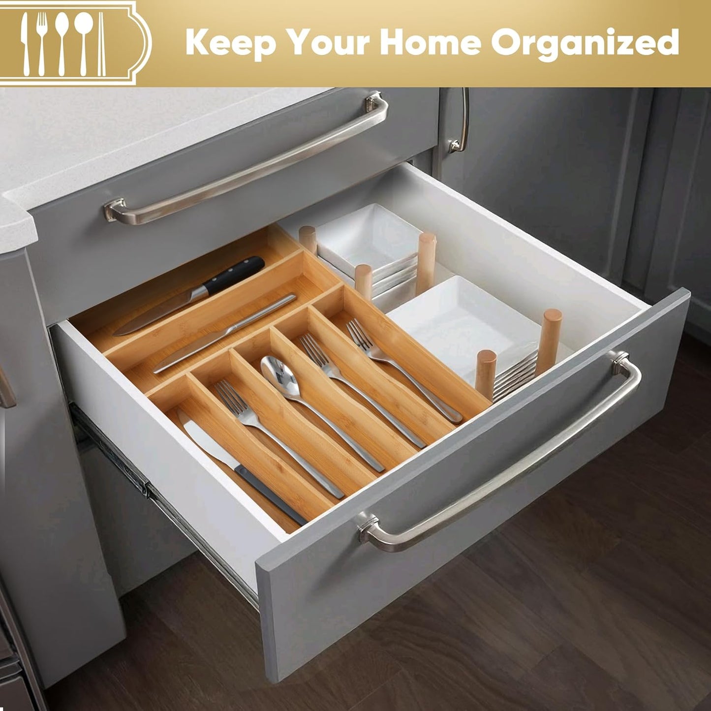 Silverware Organizer, 12.5 Inch Utensil Organizer Kitchen Drawer Organizer Bamboo Silverware Holder Cutlery Tray Organizer in Drawer Flatware Organizer Tray(7 slots, Natural）