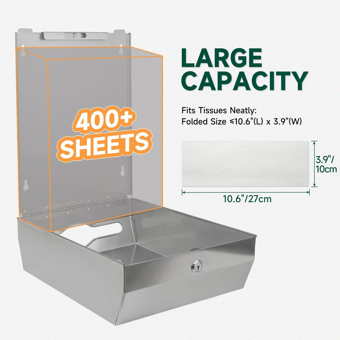 Commercial Paper Towel Dispenser Wall Mount 400-Sheet Capacity Brushed Stainless Steel Lockable Fits Multifold/Z-Fold Towels (Folded Size ≤ 10.6" x 3.9")