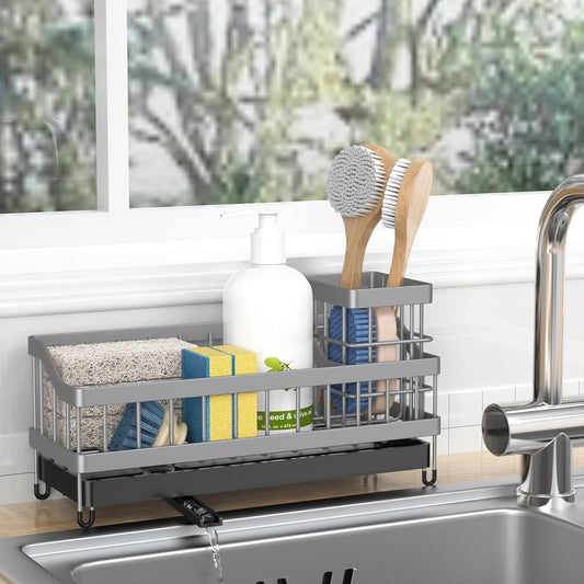 Kitchen Sink Caddy Organizer, Sponge Holder with High Brush Holder, Rustproof and Strong, anti slip, Self Draining spout is ideal，Keep Countertop Cleaning,Grey
