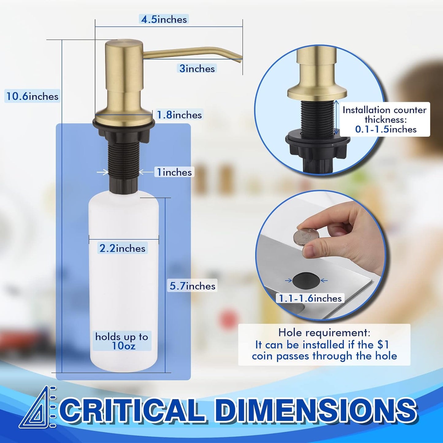 Gold Soap Dispenser for Kitchen Sink, WEWE Brushed Gold Soap Dispenser with Long Spout and Gold Soap Pump Built in Countertop Under Sink Stainless Steel