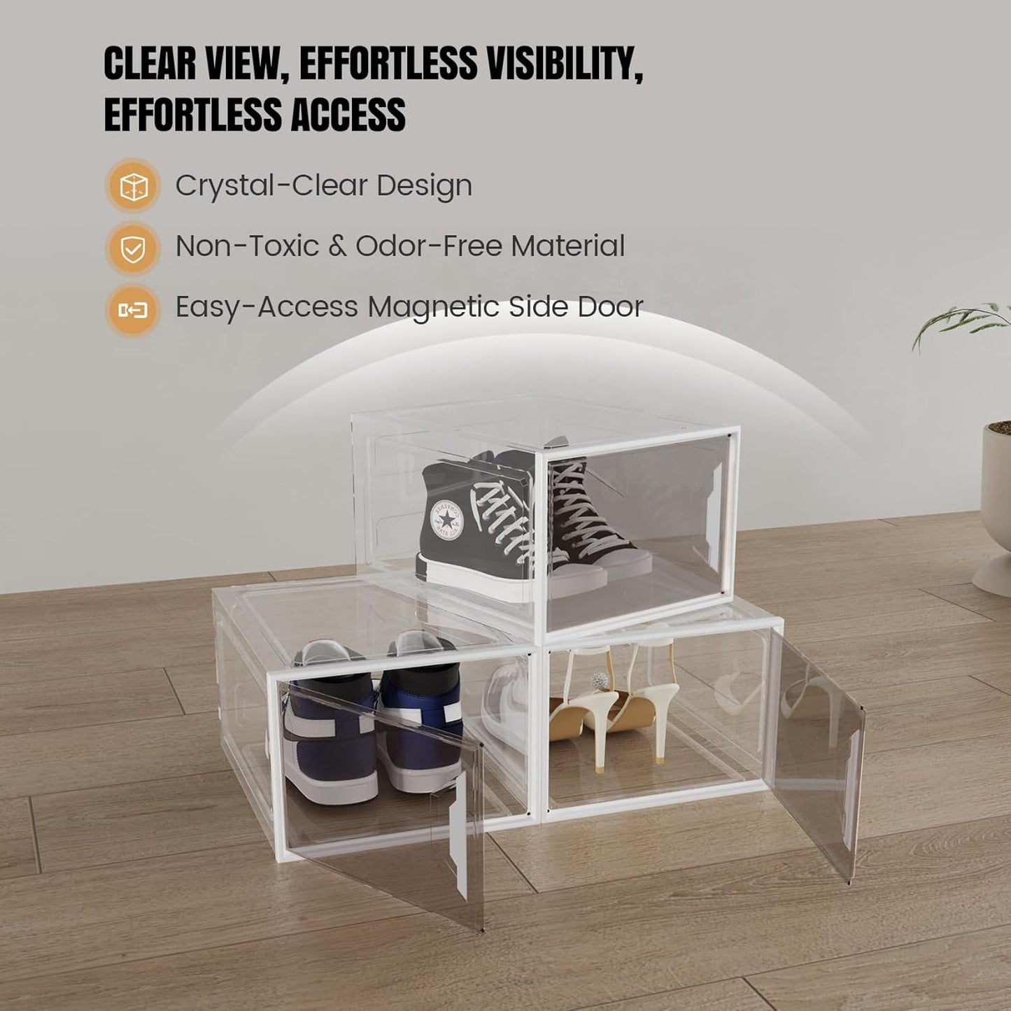 X-Large Stackable Shoe Boxes - Clear Plastic Shoe Storage Boxes with Magnetic Door, Thicken Shoe Organizer for Closet, Space Saving Foldable Shoe Containers Bins for Sneaker Boot - 6 Pack(White)