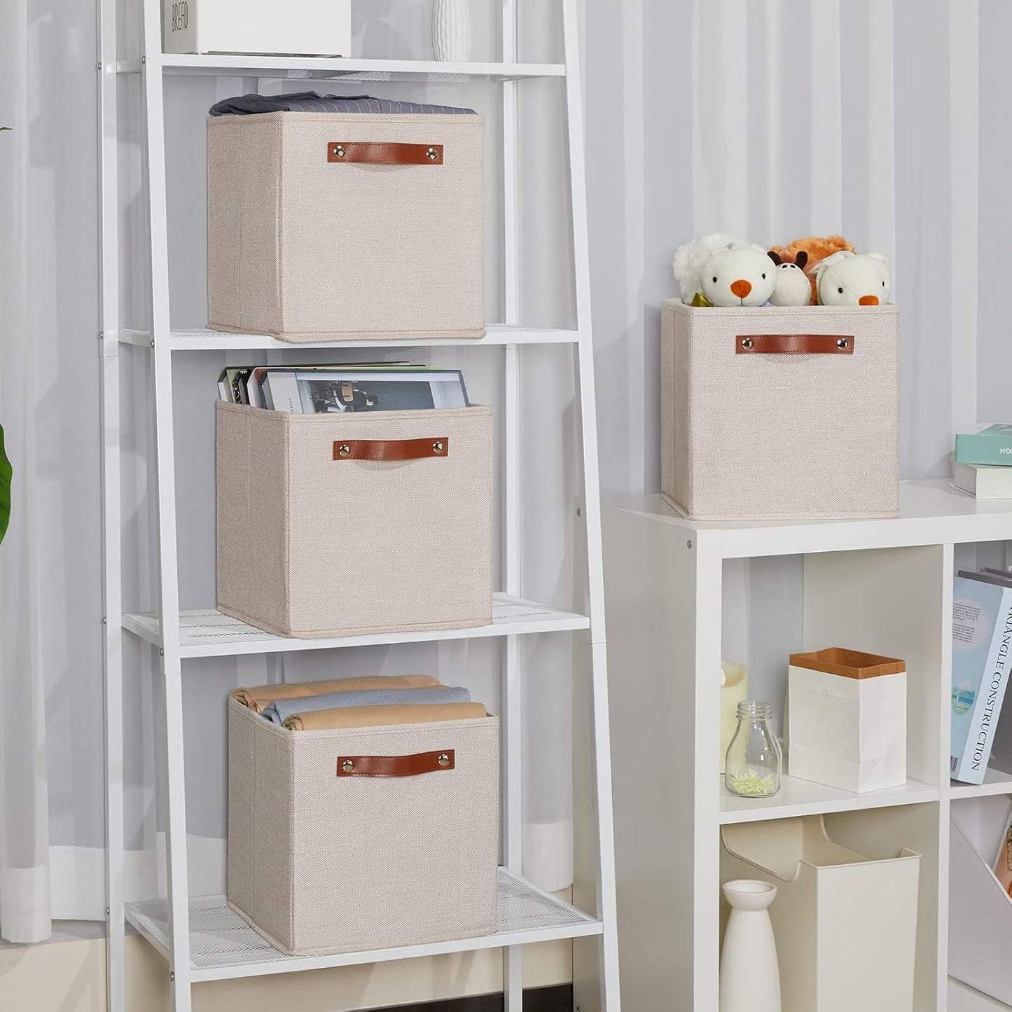 Temary 11x11 Storage Cubes Fabric Storage Cubes Storage Bins with Dual Leather Handles Canvas Storage Boxes for Organizing Home, Shelf, Closet (Beige, 11 x 11 x 11)