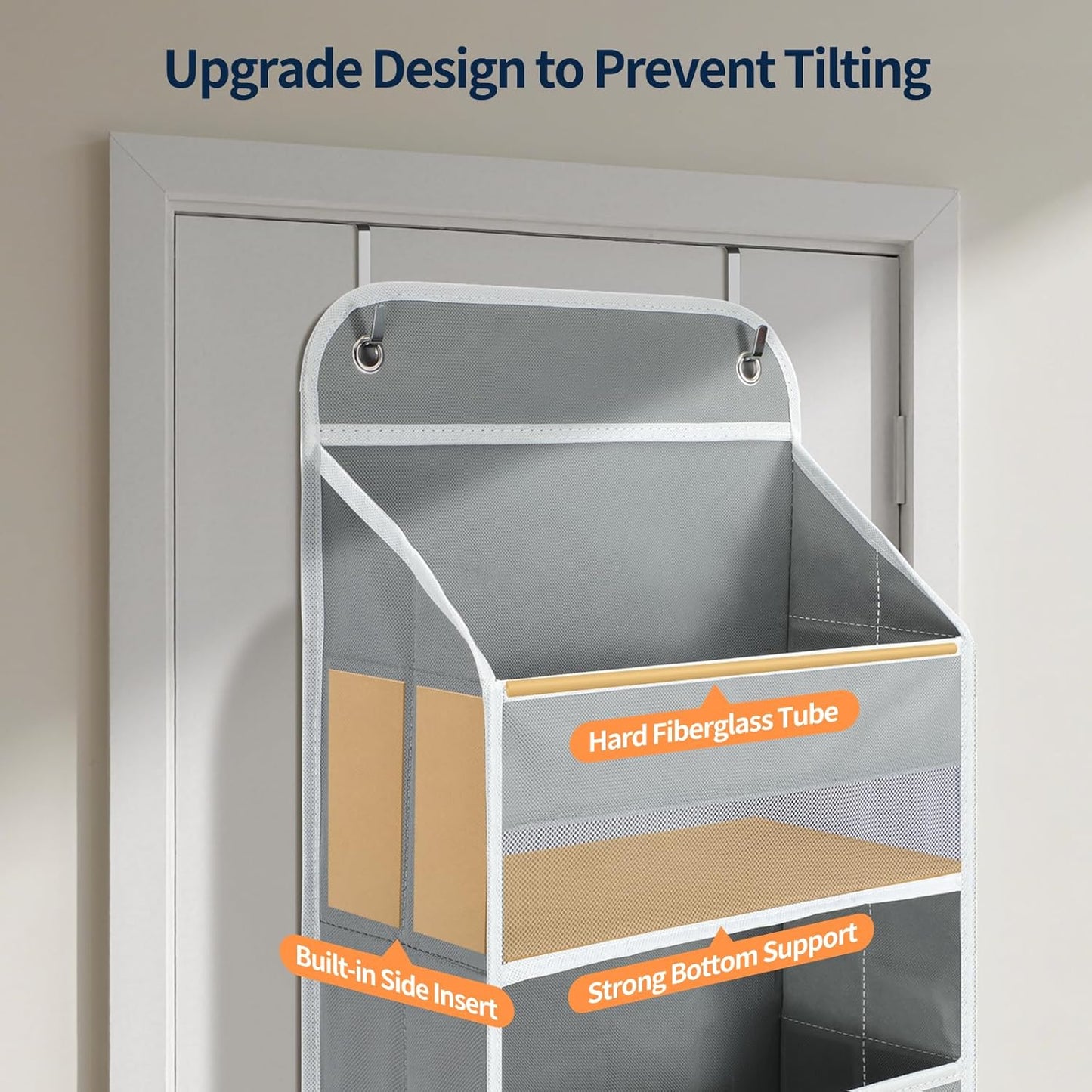 Yecaye Over The Door Organizer Storage, 5-Tier Heavy Duty Door Organizers Hanging with 10 Side Mesh Pockets, 44 lbs Load Capacity Behind Door Storage for Bathroom Nursery Bedroom Dorm Closet, Grey