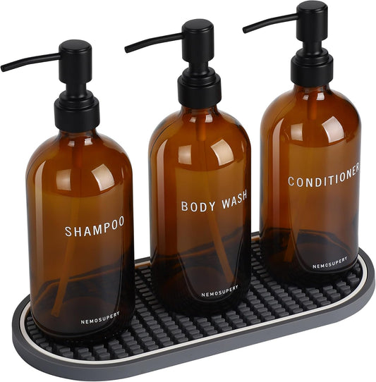 Glass Shampoo and Conditioner Dispenser-Shampoo Dispenser for Shower-16.9 fl oz Set of 3 Refillable Glass Bottles with Pump and Labels-Shower Soap Dispenser for Bathroom(Amber)
