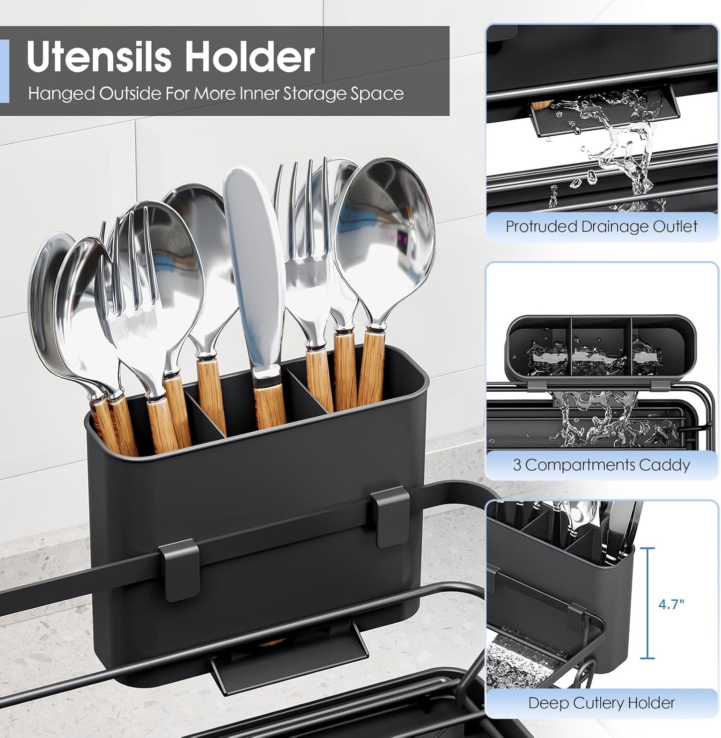 Dish Drainers for Kitchen Counter - Large Capacity Dish Drying Rack with Drainboard, Rustproof & Sturdy Design, Black Dish Rack Perfect for Plates, Cups & Kitchen Countertop Organization