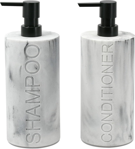 Marble Resin 2 Piece Shampoo and Conditioner Dispenser Set, Luxurious Refillable Pump Bottles with Matte Pump Top and Embossed Text, Durable Design for Bathroom and Shower