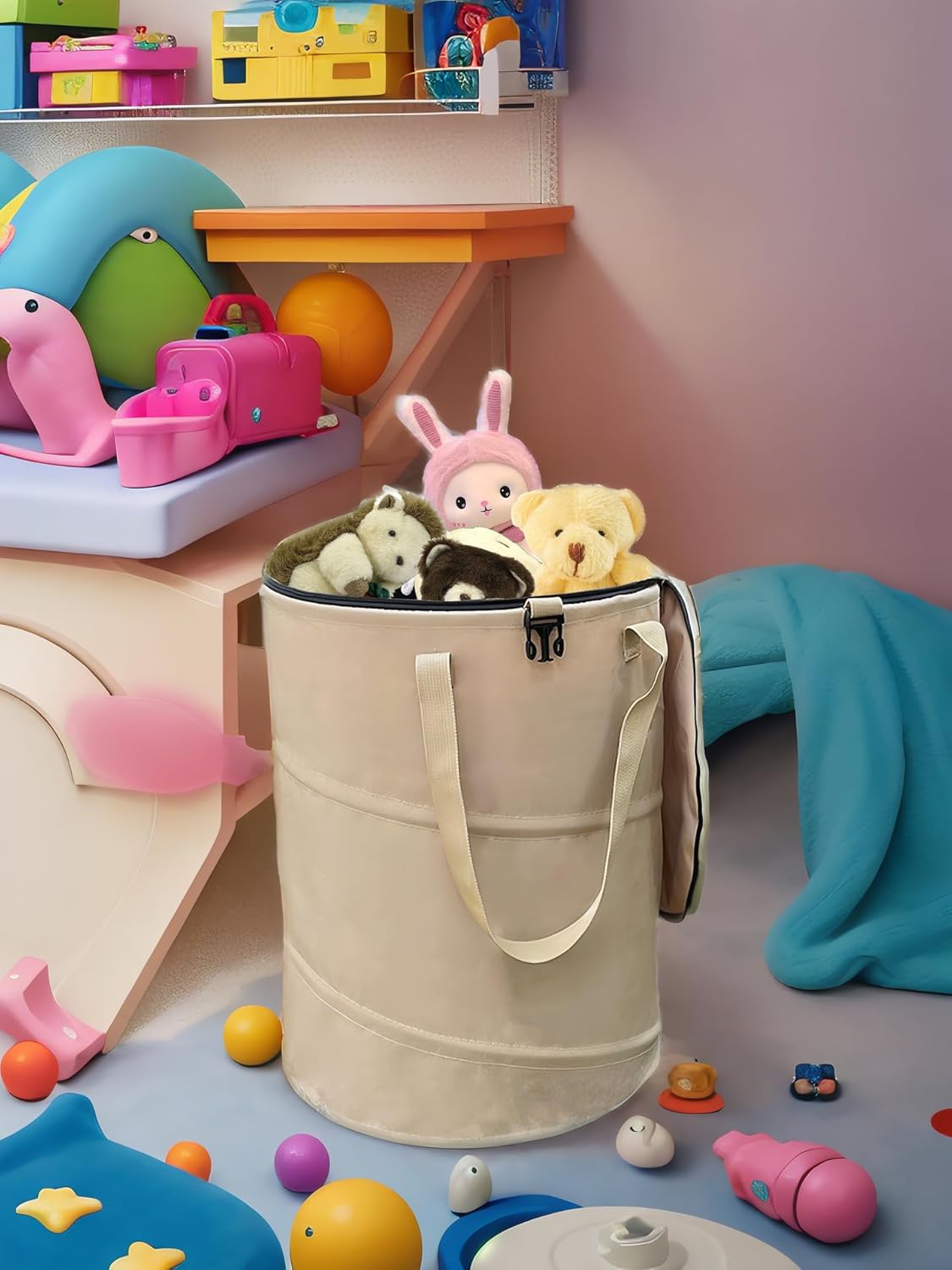 Collapsible Trash Can with Lid, Foldable Camping Trash Can, Outdoor Recycle Bin for Clothes and Toys, Thickened, Sturdy, Durable, with Attached Hook (Coffee)