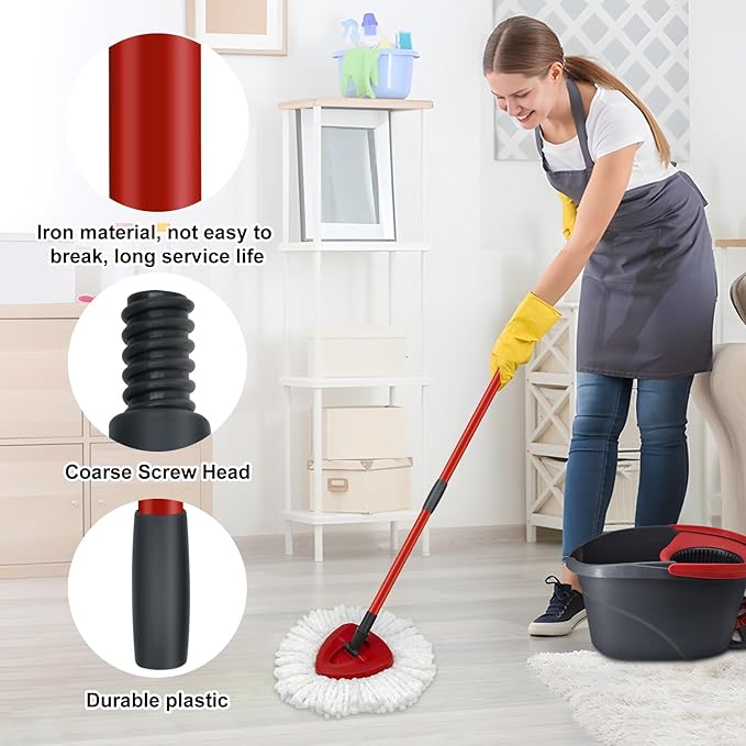 Mop Replace Heads Mop Handle and Mop Base Replacement for O Cedar EasyWring 1-Tank Spin Mop System, 2 Microfiber Mop Head Refills, 4-Section Iron Mop Handle 30-58in and 1 Mop Head Cover Set(No Bucket)