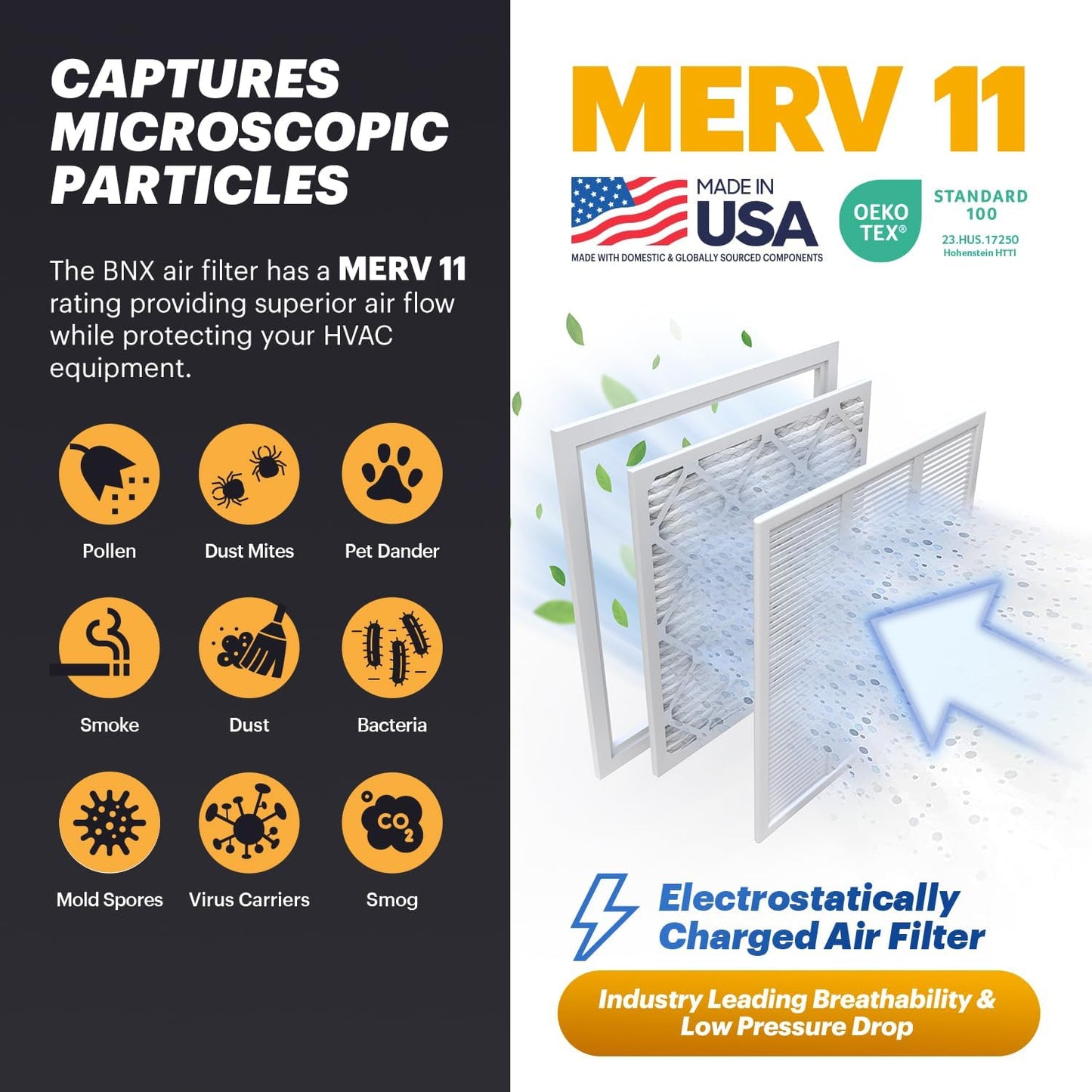 BNX TruFilter 16x16x1 Air Filter MERV 11 (6-Pack) - MADE IN USA - Allergen Defense Electrostatic Pleated Air Conditioner HVAC AC Furnace Filters for Allergies, Dust, Pet, Smoke, Allergy MPR 1200 FPR 7