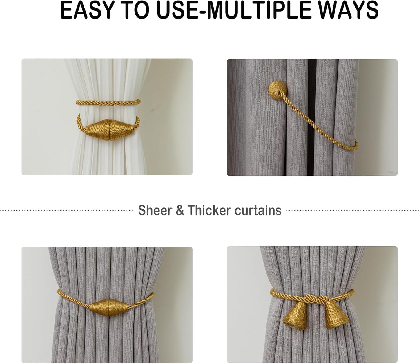 Magnetic Curtain Tiebacks 2 Pack Outdoor Rope Curtain Tie Backs Decorative Window Treatment Holdbacks for Home Decorative Curtain, Gold