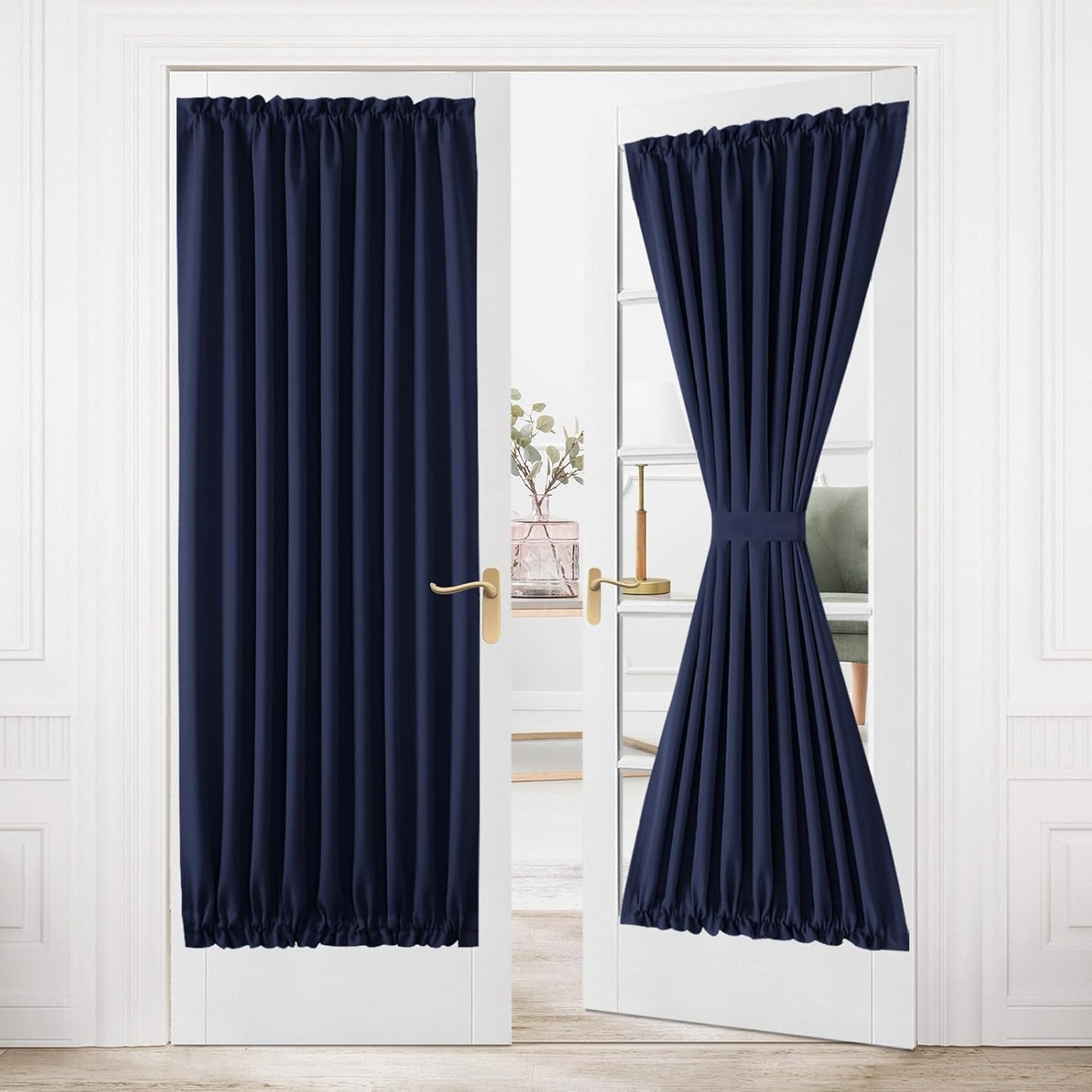 DWCN French Door Curtains Rod Pocket Thermal Blackout Curtain with Glass Window, Kitchen and Patio Door Privacy, 54 X 80 Inches Long, 1 Curtain Panel with Tieback, Navy Blue