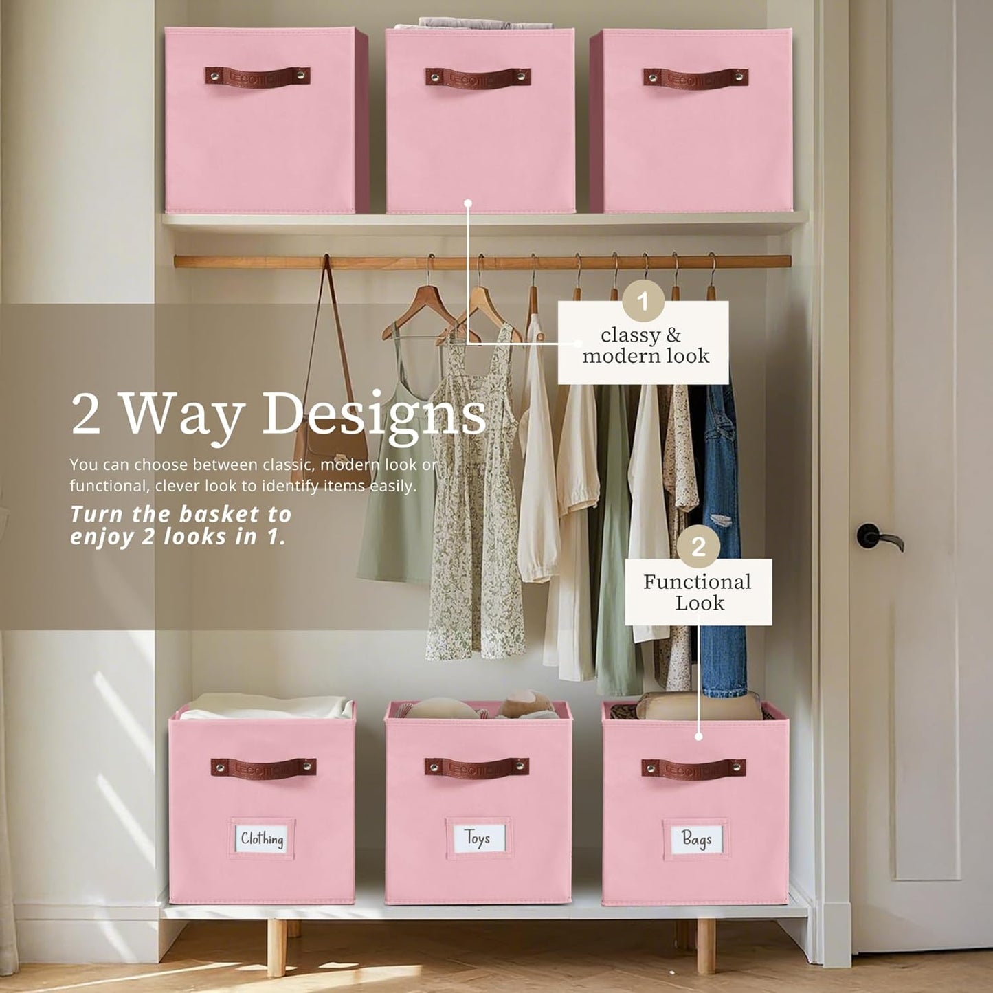 DECOMOMO Storage Bins, Cube Storage Bin with Labels, Fabric Storage Cubes for Shelves (10.5" x 11" / 6pcs, Pink)