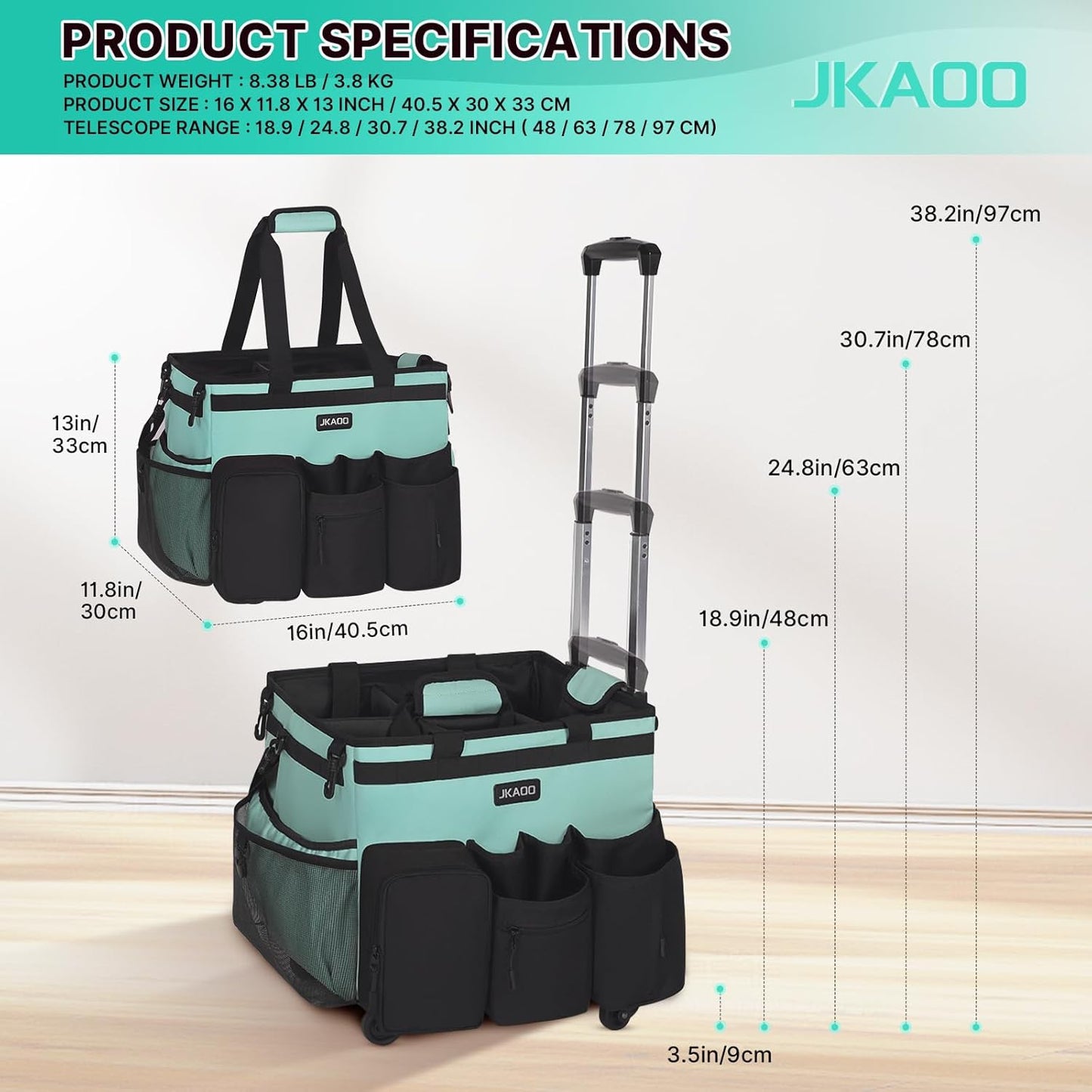 Large Rolling Cleaning Caddy Bag with Detachable Trolley, Waterproof Cleaning Caddy on Wheels for Housekeepers, Cleaning Cart Supplies Organizer for Home,Car,Office,Picnic (Blue-Green) (Patent)