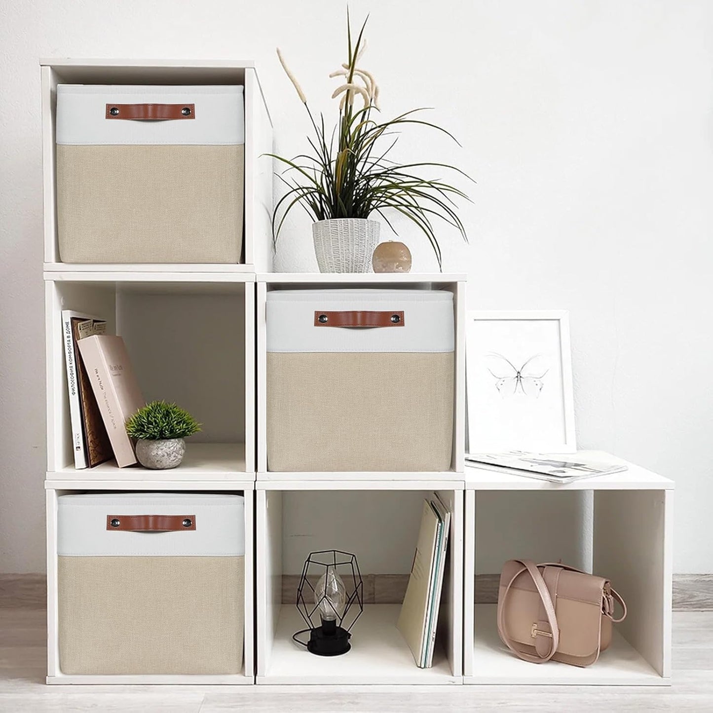 Univivi 12x12 Storage Cube Bins set of 4 Cube Organizer with Handles|Hard Bottom Fabric Closet Storage Organizer Baskets for Shelves (Khaki)