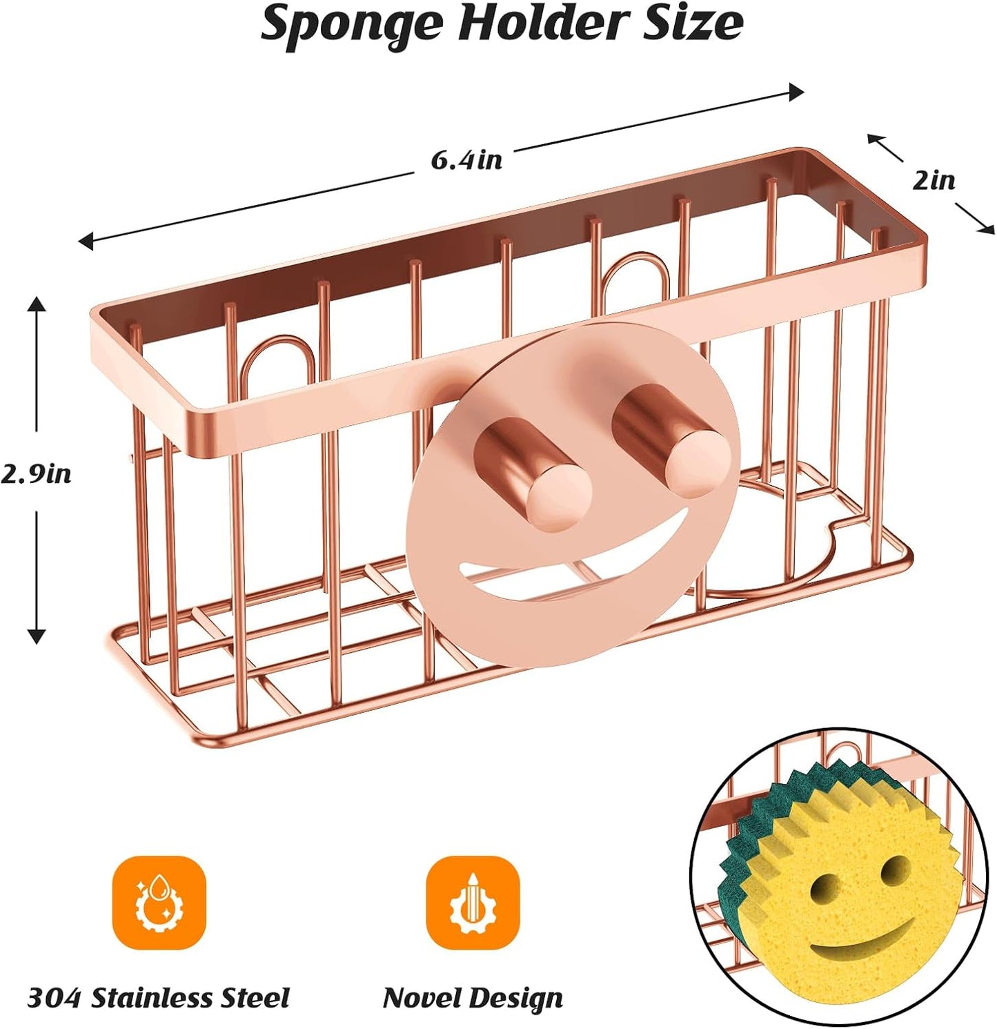 Sponge Holder Smiley Face,Sink Caddy for Kitchen Sink,Sponge Holder with 2 PCS Suction Cups/1 PCS Adhesive Strips,Designed for Sponge,Soap,Dish Brush,Scrubber-Rose Gold