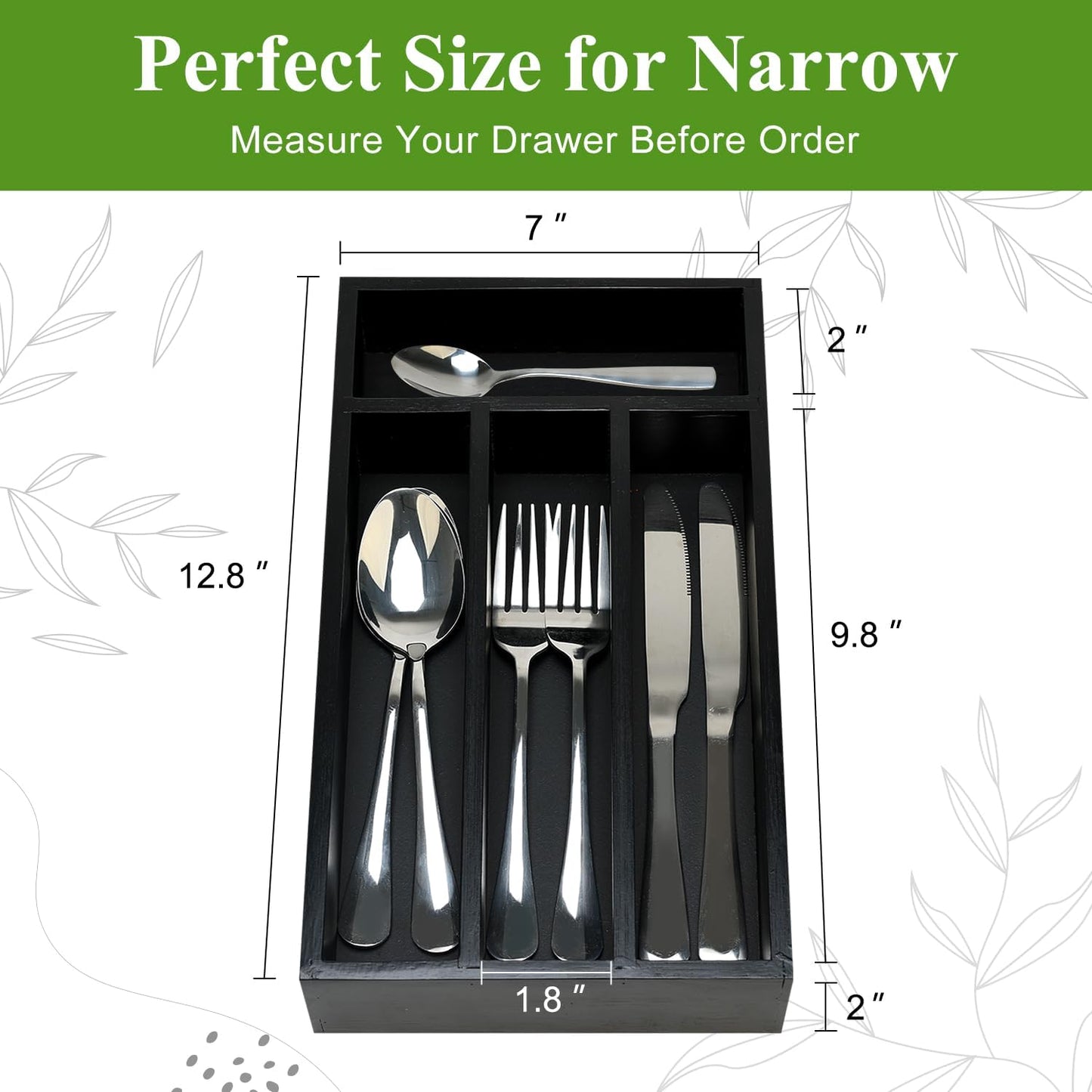 Small Wooden Silverware Organizer Tray Narrow Kitchen Drawer Dividers Utensil Organizers and Storage Black Cutlery Trays Spoon Flatware Organizer for Drawer Bamboo Cutlery Utensil Holder Tray