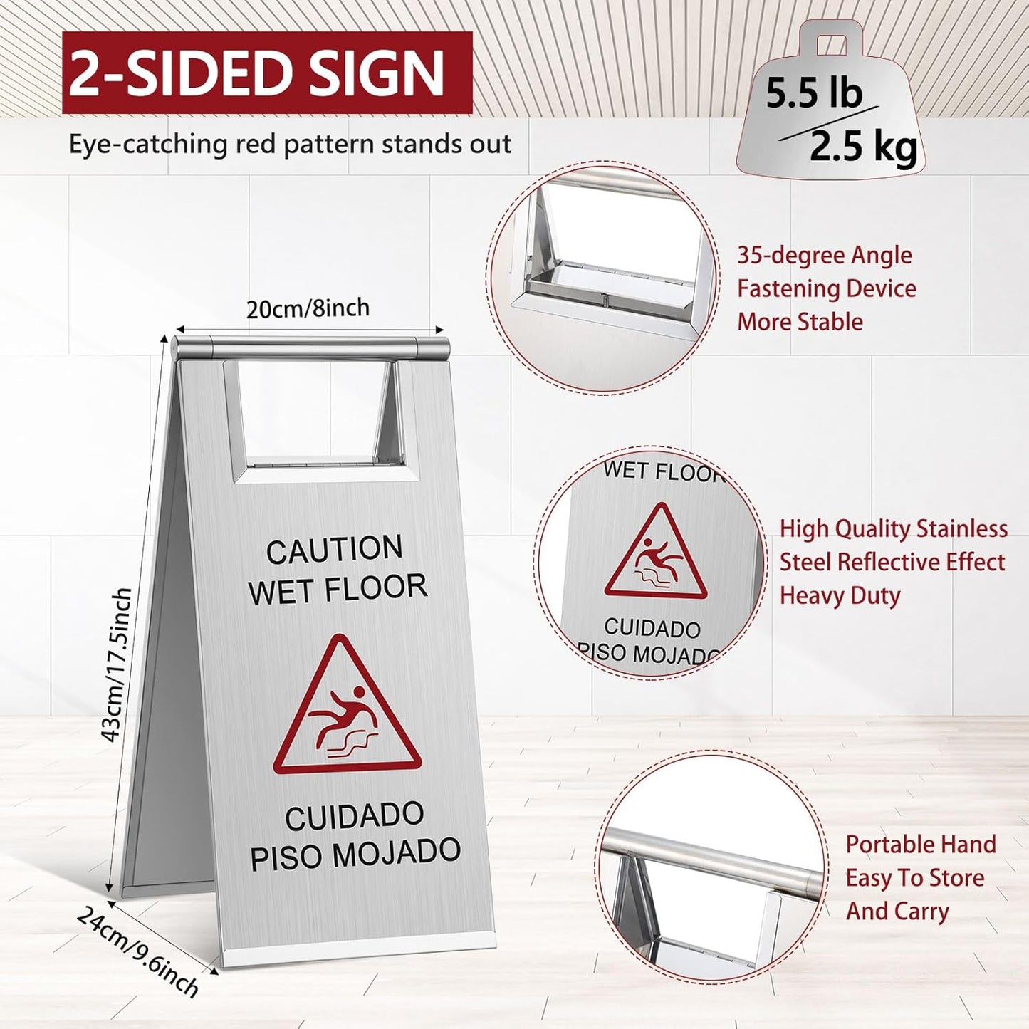 Kigley 2 Pcs Wet Floor Sign, 17 Inch Stainless Steel Caution Wet Floor Sign Double Sided Portable Foldable Bilingual Safety Warning for Hotel Market Restroom Restaurant Office (Silver)