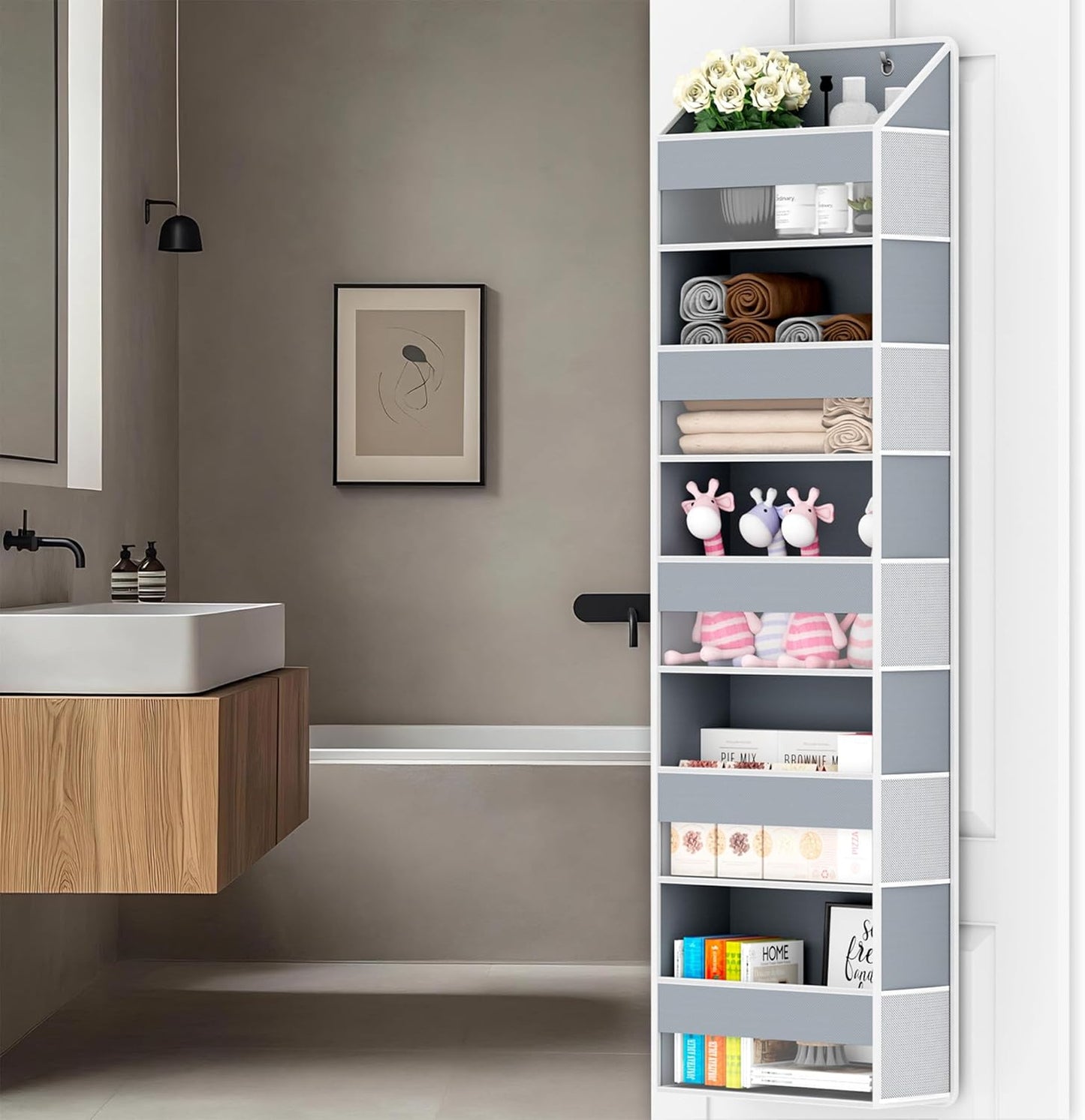 Over The Door Organizer - Over Door Storage Organizer with 5 Large Pockets & 10 Mesh Side Compartments - Heavy-Duty Hanging Storage for Bathroom, Bedroom & Closet - Baby Room Organize Solution