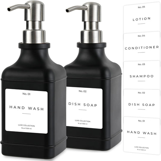 Emerson Essentials Soap Dispenser, Dish Soap Dispenser, Soap Bottle Bathroom Set, Hand Soap Farmhouse, Kitchen Soap Bottles - Glass Soap Dispenser with Pump and Labels, 16 Oz, 2 Pack