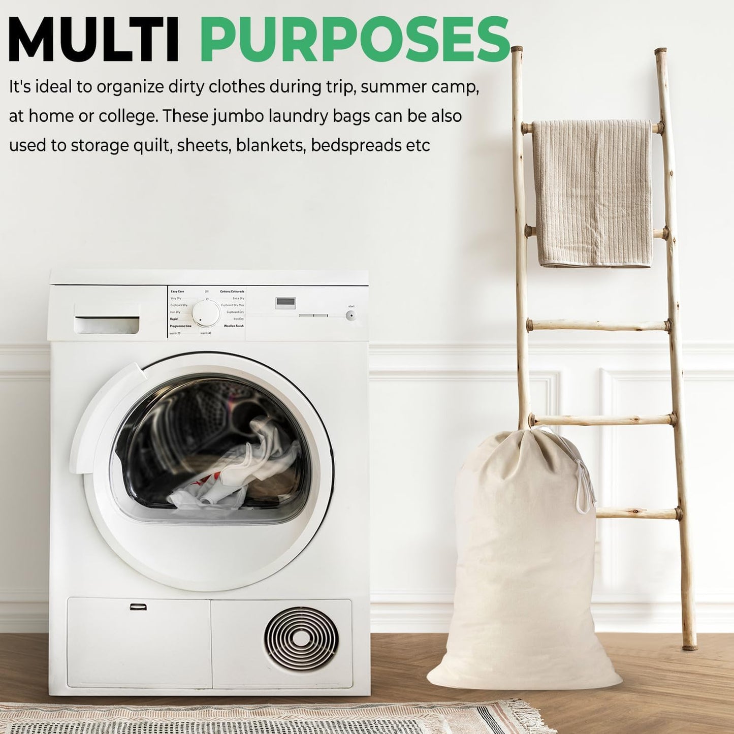 Large Cotton Laundry Bags 24x36 Inch with Drawstring, Heavy Duty Travel Organizer for Hamper, Basket, Camp – Beige (2 Pack)