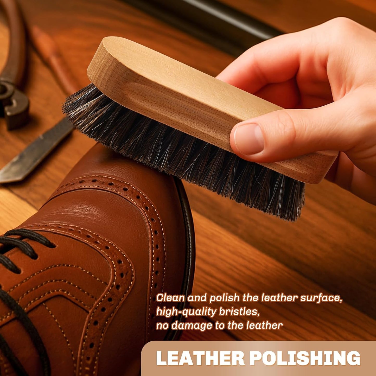 2 Pcs Horsehair Shine Shoes Brush Kit Polish Dauber Applicators Cleaning Leather Shoes Boots Care Brushes Suede Cleaner Brush(Wooden Concaved Brush)