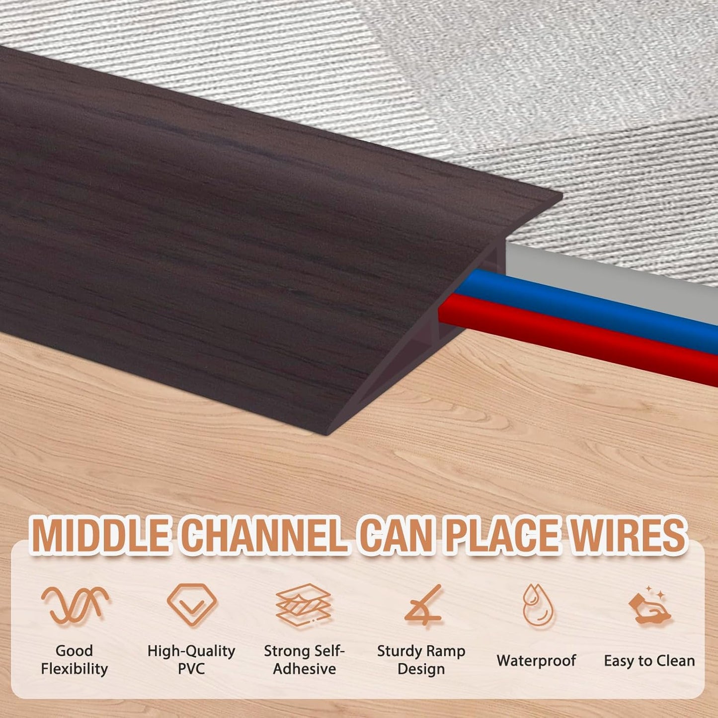 Floor Transition Strip Self Adhesive Vinyl Door Threshold for Doorways Carpet Edging Trim Overlap Edge Reducer for Laminate Floor, Carpet, Tile (Dark Walnut Grain, 3/5" to 4/5", 3.3Ft)