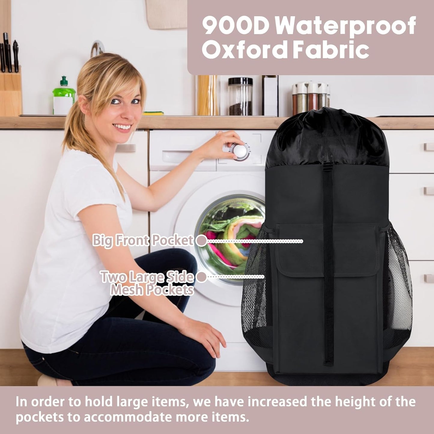 Laundry Backpack Bag, 132L Extra Large Heavy Duty Laundry Backpack for College Dorm Essentials, Laundry Hamper Travel Bag with Shoulder Straps and Mesh Wash Bags for Laundromat, Apartment Black