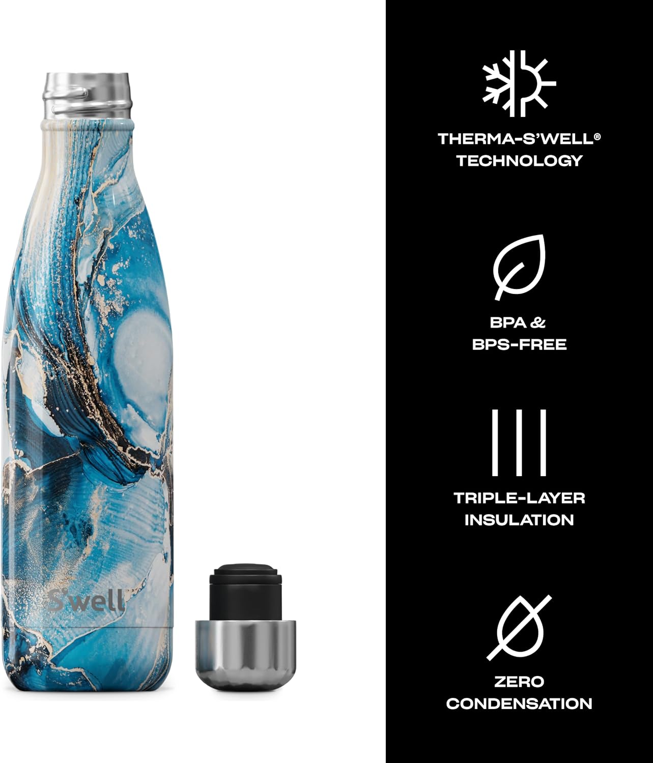 S'well Stainless Steel Water Bottle, 17oz, Ocean Marble, Triple Layered Vacuum Insulated Containers Keeps Drinks Cold for 36 Hours and Hot for 18, BPA Free, Perfect for On the Go