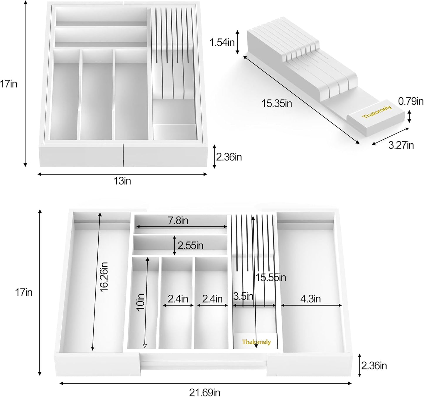 Bamboo Kitchen Drawer Organizer, Expandable Utensil Organizer with Removable Knife Block, Cutlery Tray Holder with Divider, Adjustable Silverware Organizer, White