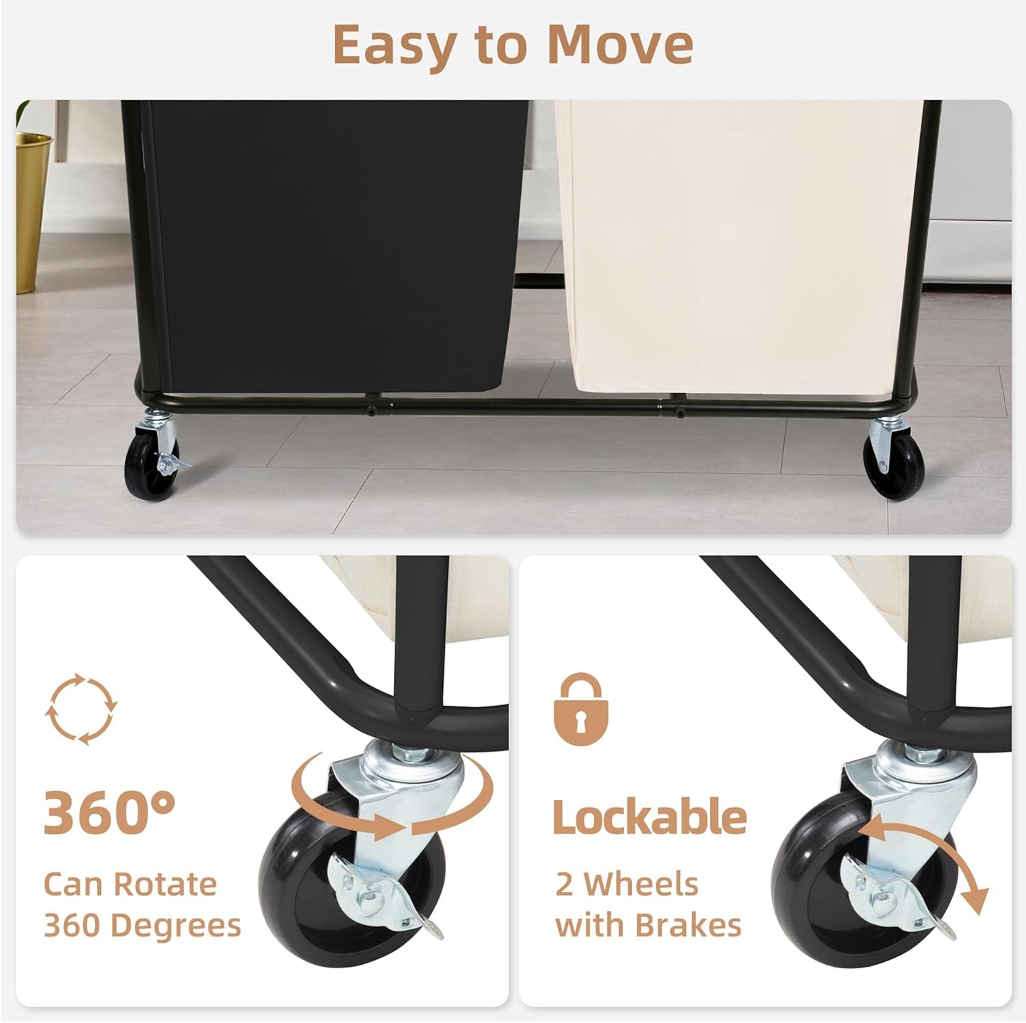 STORAGE MANIAC Commercial Laundry Hamper with Heavy Duty Steel Frame, 74 Gal. Industrial Laundry Basket Cart with Wheels for Hotel, Home, Laundry Room, Big Large Clothes Sorter, 2 Section Beige/Black